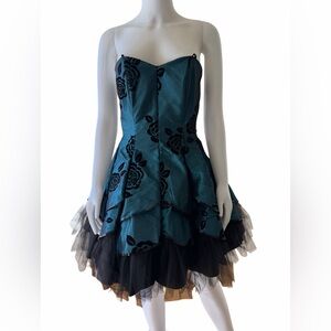 Masquerade Teal and Black Floral Strapless Mini Dress